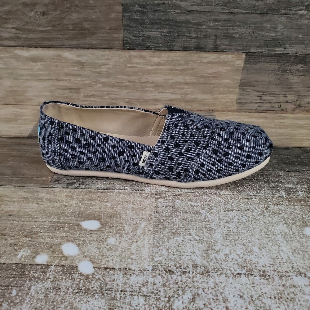 Toms Alpargata Womens Flat Shoes Sz 5.5 Navy Slub Chambray Dots Canvas Loafers